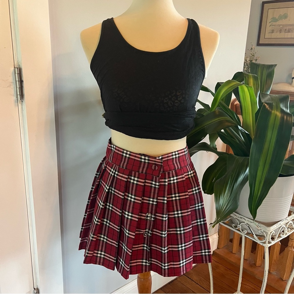 red plaid spirit halloween mini skirt with big slit and paper clip detailing
